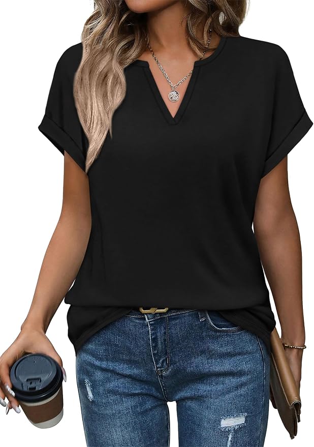 Womens Tops Dressy Casual V Neck Rolled Sleeve T Shirts Fashion Clothing Business Casual Outfits Beach Vacation Clothes