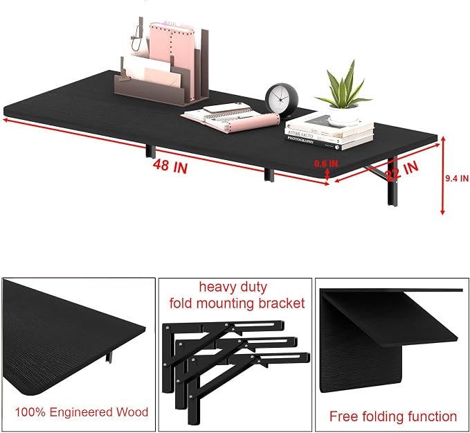 IAE 48x22in Floating Fold Desk,Wall-Mounted Folding Computer Table,Black | Study Table with Shelf Brackets,Foldable Down Shelf with Engineered Wood,Fold Computer Desk for Small Apartment,Holds 500 lb