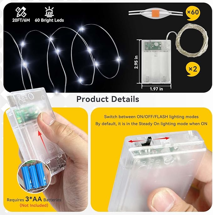 LitHome 2 Pack Cool White Fairy Lights Battery Operated, 20 FT 60 LED Twinkle Lights Battery Operated 2 Modes, Waterproof Led Fairy String Light for Indoor Outdoor Christmas Wedding Bedroom Decor