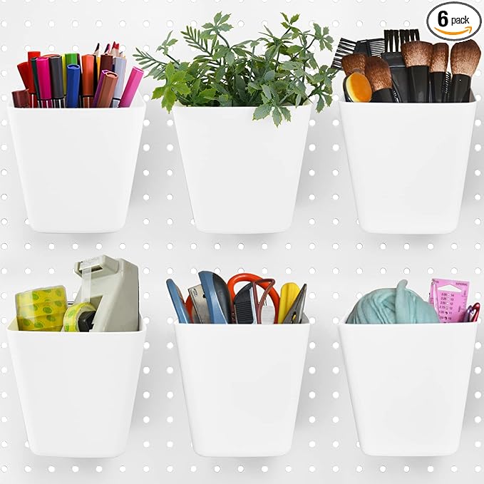 G.CORE Large Pegboard Cups Peg Board Storage Bin 6 Pack with Hooks, Square Box Shape Pegboard Cup Holder Accessories for Garage Workbench/Craft Room/Office/Playroom/Home Kitchen Organization (White)