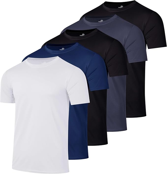 5 Pack Men's Dry Fit Short Sleeve T-Shirt Gym Workout Athletic Running Tee | Cooling, Moisture-Wicking, Crew Neck, Quick-Dry, Breathable, Active, Exercise, Fitness, Basketball, Cycling, Hiking, Tennis