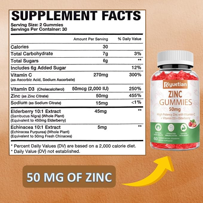 Zinc Gummies - 50mg High Potency Zinc with Vitamin C + Vitamin D3 + Elderberry - Immune Health Support - Vegan, Non-GMO and Gluten Free - 60 Gummies