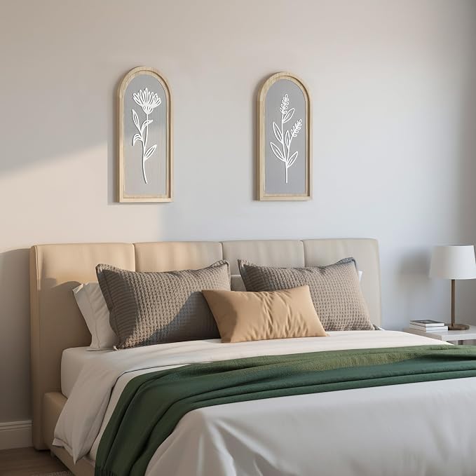 Gray Bathroom Wall Decor Set of 2, Arched 3D Wooden Floral Wall Art Panels | Raised white floral cutouts in arched frames, ready to hang; neutral boho farmhouse decor for bedroom, hallway and entryway
