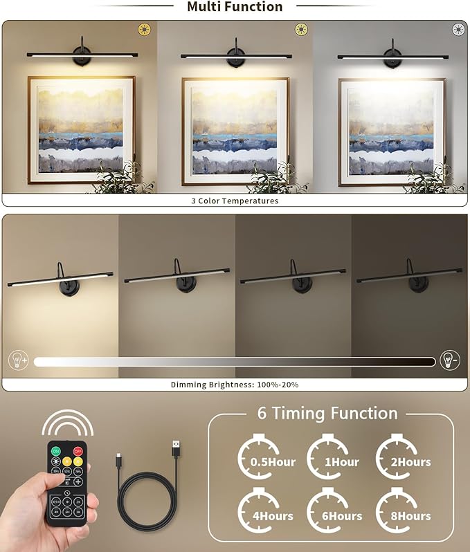 JOOSENLUX Battery Operated Picture Lights Modern Wireless Wall Lights 24.4" Inch Dimmable Under Counter Lights for Kitchen with Swing Arm as Canvas Wall Sconce Light Black 3000K CRI95+