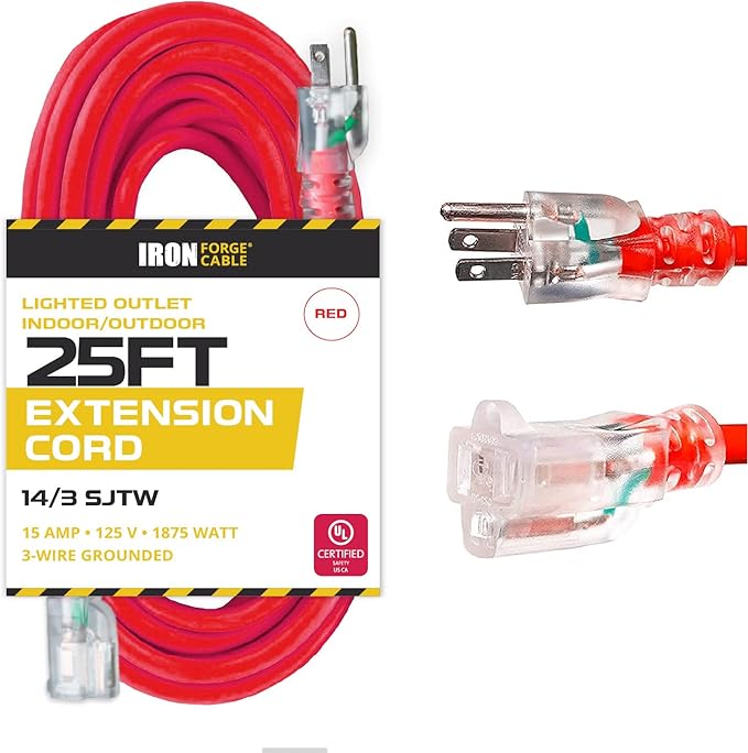 Iron Forge Cable Lighted Outdoor Extension Cord 25 ft - 14 Gauge 15 Amp Heavy Duty Power Extension Cords - SJTW - Great for Major Appliances, Power Tools, Garden Supplies - Red
