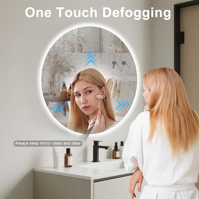 24 Inch Round LED Bathroom Mirror Backlit Anti-Fog 3 Colors Light Dimmable Wall Mounted Lighted Bathroom Vanity Mirror Smart Makeup Mirror with Touch Switch