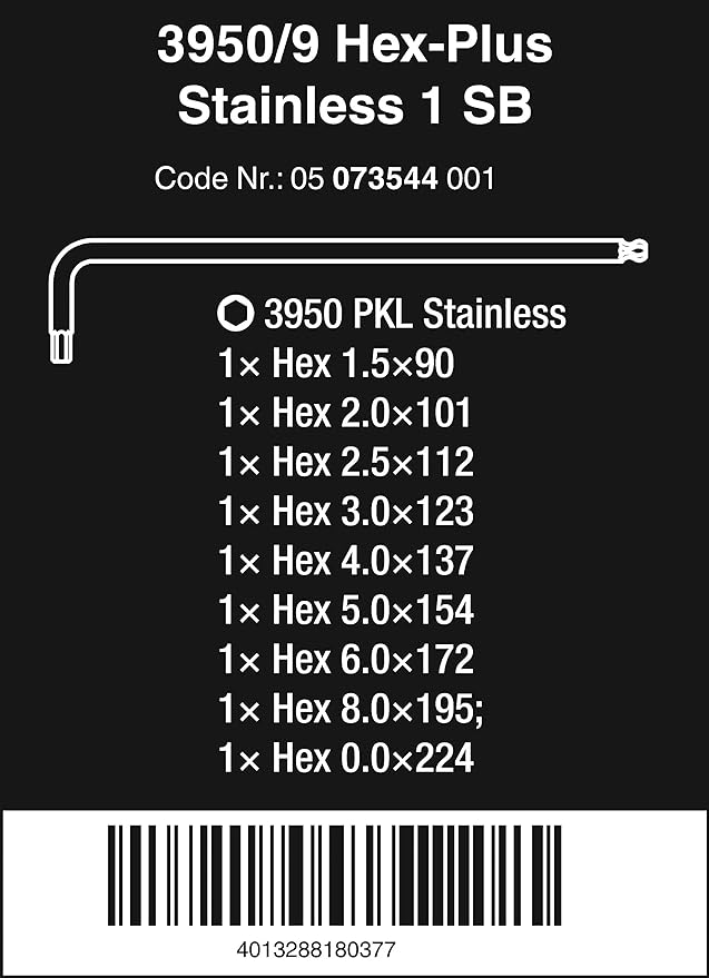 Wera 05073544001 3950 Pkl/9 Sb Hex Key Set