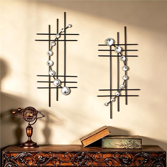 ZEXUIRU 2 Pcs Abstract Metal Art for Wall Decor Living Room Bedroom Bathroom Office Metal Bling Modern Geometric Hanging Vertical Small Iron Sculpture Plaque Pack -Black 24in