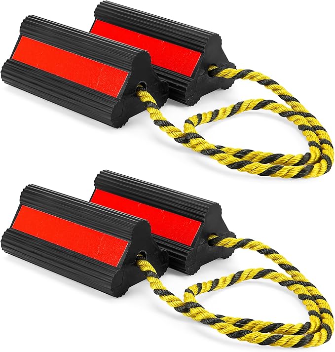 2 Pair Heavy Duty Wheel Chocks for RV Trailer, Rubber Wheel Stoppers, Dual Blocks Front and Back, Non Slip Tire Chock with Nylon Rope Reflective Tape for RVs Travel Trailers Car(Red)