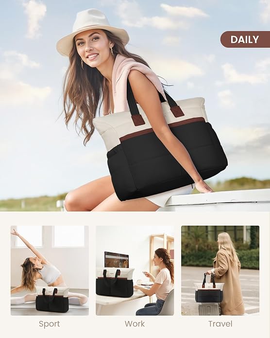 LOVEVOOK Tote Bag for Women,Light Puffer Tote Bag with Multi-pockets,Stylish Carry on Laptop Bags for Daily,Travel,Work,Gym