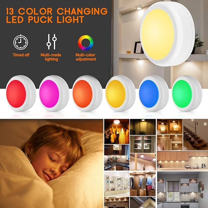 LED Puck Lights With Remote, 13 Colors RGB Dimmable Under Cabinet, Battery Powered Color Changing, Party Atmosphere for Kitchen Closet Counter, 12 Pack