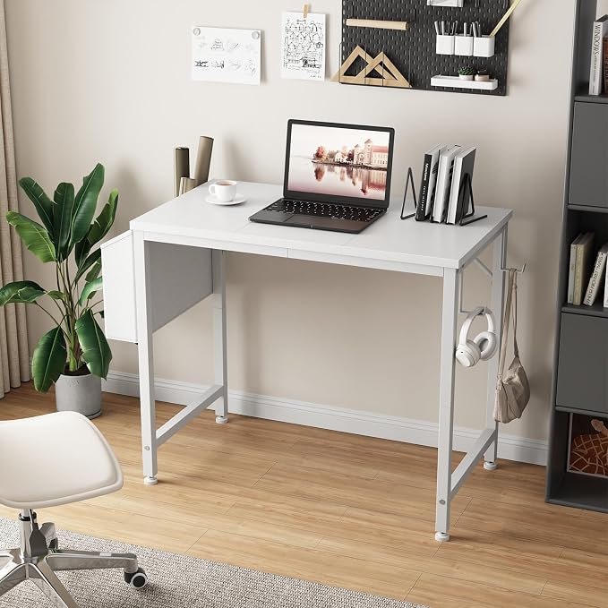 Lufeiya Small White Desk for Small Spaces, 32 Inch Kids Girls Study Writing Desks for Bedroom, Simple Modern Laptop PC Little Side Table with Storage Bag Headphone Hook, White