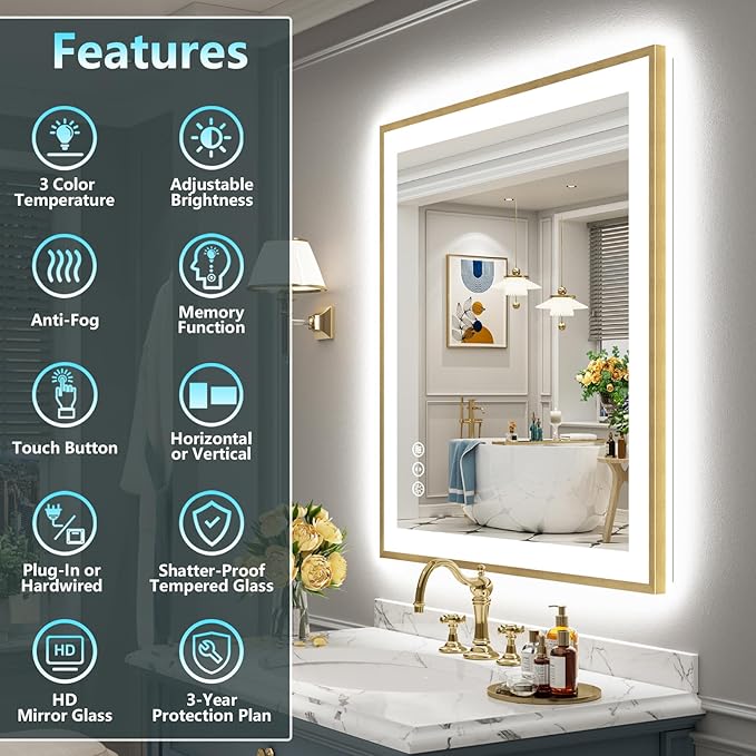 24x36 Gold LED Bathroom Mirror with Lights, Brushed Gold Framed Backlit and Front Lit Anti-Fog Lighted Vanity Mirrors for Bathroom Wall, Dimmable, 3 Colors, Memory, HD Tempered Glass, CRI＞90