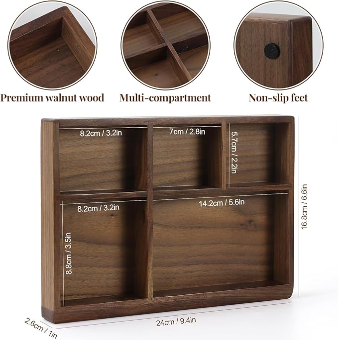 MultiBey 5-Slot Walnut Valet Tray Organizer | Wooden Valets Tray for Nightstand, Dresser & Desk |EDC Catchall Trays with 5 Sections for Jewelry, Wallet, Watch, Keys, Earbuds (Walnut)