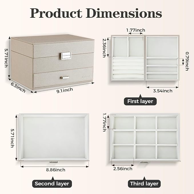Jewelry Organizer Box, Large Jewelry Boxes for Women Girls, Space-Saving 3 Layers Jewelry Storage Case with Drawer, Movable Metal Stand, Modern, Gift Idea (Champagne)