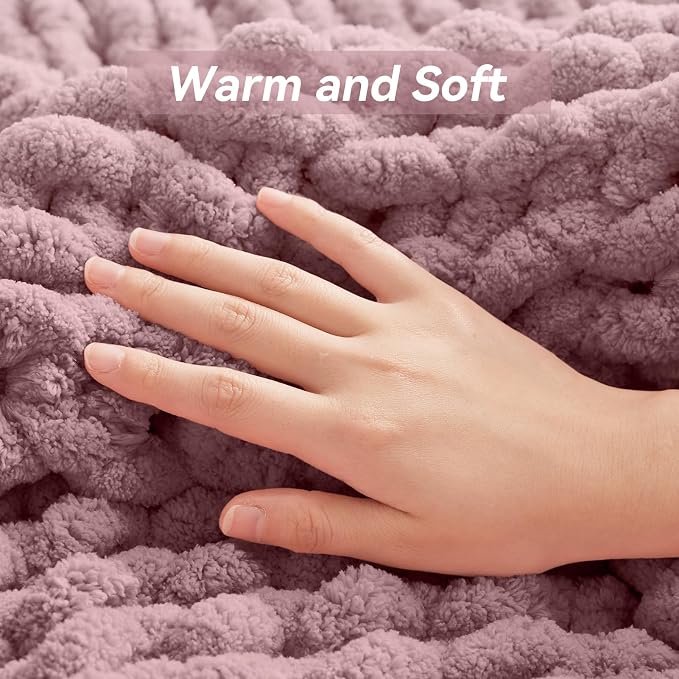Negwoo Chunky Knit Throw Blanket, Knitted Throw Chenille Yarn, 30"*40" | Soft Thick Cable Knitted Blankets, Handmade Big Thick Blanket, Machine Washable Cute Comfy Blanket for Home Decor, Muted pink