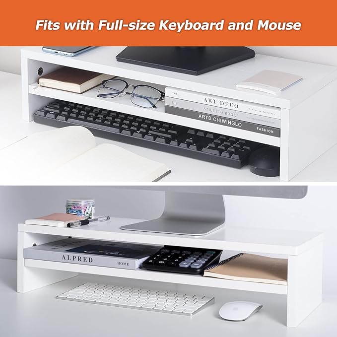 BEYGORM Monitor Stand Riser White, 21.6 inch 2 Tiers Wood Desk Shelf Computer Screen Stand with Storage for Desktop Laptop/Screen/TV/PC/Printer, Desk Shelf Organizer 21.6" L x 7.8" W x 5.2" H | For Full Keyboard, Computer Screen Stand with Storage for ...