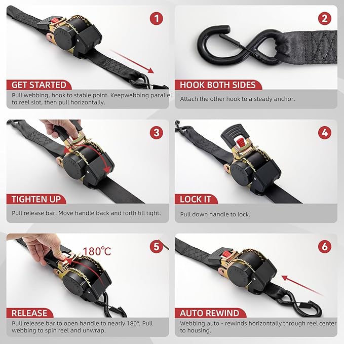 Auto Retractable Ratchet Tie-Down Straps 4500 lbs, 2in × 10ft Self-Retracting Ratchet Straps with Dampers, Heavy Duty S-Hooks, Auto Retract Strap System for Cargo, Trucks, Trailers, Blcak, 2 Pack