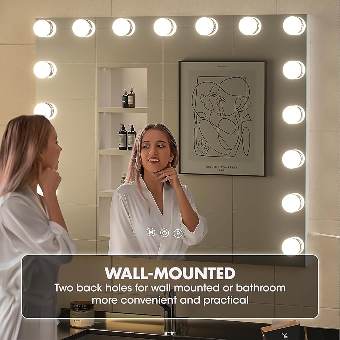 Hasipu Vanity Mirror with Lights, 24" x 20" Hollywood Mirror, Makeup Mirror with 17 Dimmable Bulbs and 10X Magnification, 3 Colors Modes, Touch Control, USB Charging Port, Type-C (Square White)