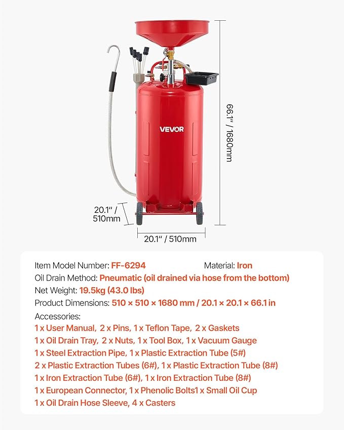 VEVOR 21 Gallon Waste Oil Drain Tank, Air Operated Portable Oil Drainer with Adjustable Funnel Height, Industrial Fluid Drain Tank with Wheels, Fluid Fuel Transfer Drainage for Auto Repair Shops, Red