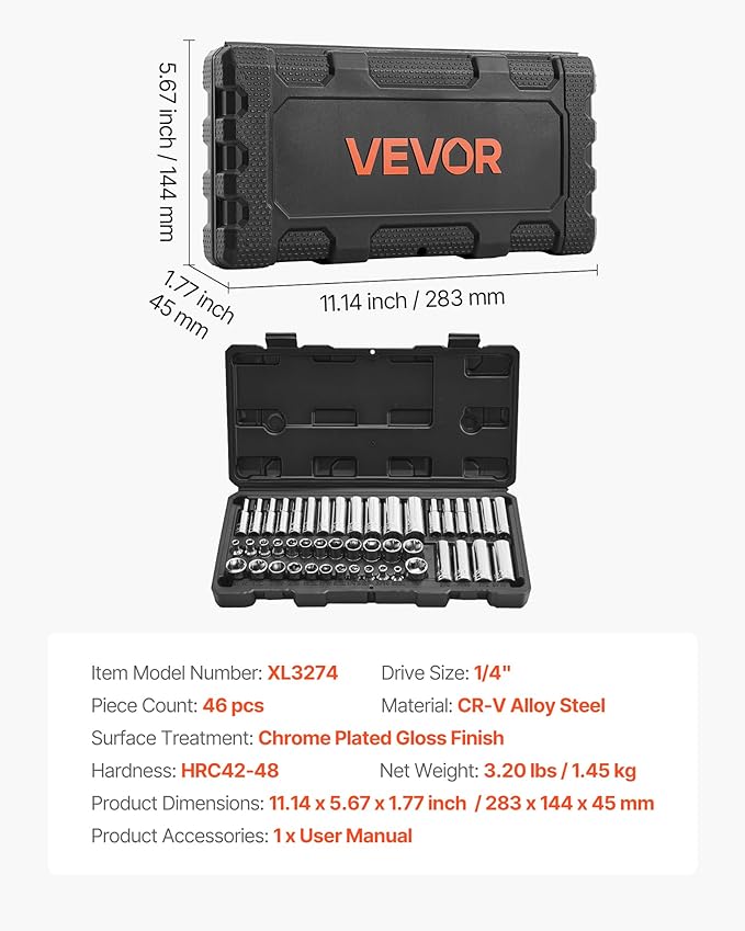 VEVOR Socket Set, 46 Pieces, 1/4 inch Drive Socket Tool Set, SAE and Metric Size, Deep and Standard, Mechanic Tool Kit with Storage Case, Chrome Plated CR-V Alloy Steel, for Automotive Repair