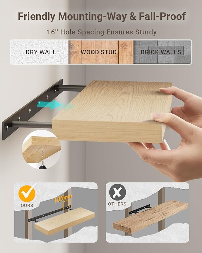 White Oak Floating Shelf for Wall, 2 Inch Thick Sturdy Wood Floating Shelves Wall Mounted, 48" Long Shelves for Kitchen Bedroom Living Room,8" Deep Floating Book Shelves, 50LB Capacity
