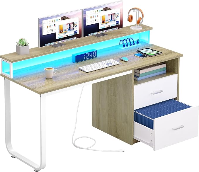 DWVO Computer Desk with Drawers, 47.2" Office Desk with Power Outlets & LED Light, Home Office Desk with Storage Shelves, White & Oak | Built-In Power Outlets, Led Light, Storage Shelves, Drawers, Compact Size, for Home Office Small Space, Easy Assembly