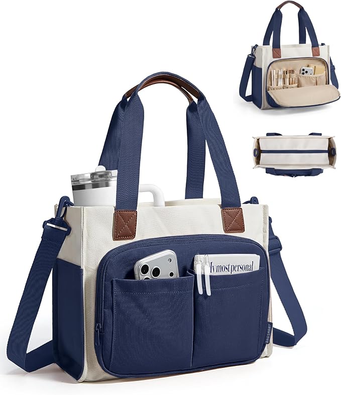 BAGSMART Small Tote Bag for Women, 13'' Laptop Canvas Work Bag with Zipper | 30oz/40oz Tumble & 11 Pockets Travel Tote, Teachers/Nurses, Lightweight Canvas or Water-Resistant Puffer Taslon Crossbody Bag