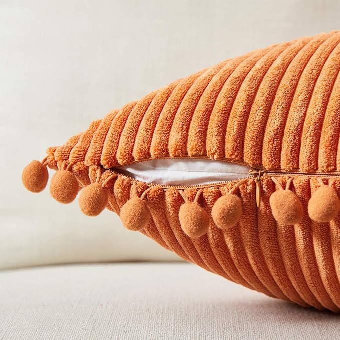 Fancy Homi Pack of 2 Corduroy Fall Decorative Throw Pillow Covers with Pom-poms, Solid Square Cushion Case Pillow Cases Set for Couch Sofa Bedroom Car Living Room (18x18 Inch/45x45 cm, Orange)