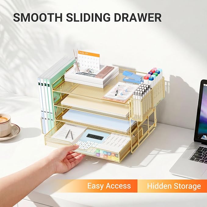 OPNICE Desk Organizers and Accessories, 4-Tier Desktop File Organizer with Drawer and Pen Holders, Office Desk Accessories Workspace Organizers for Office Supplies (Gold)