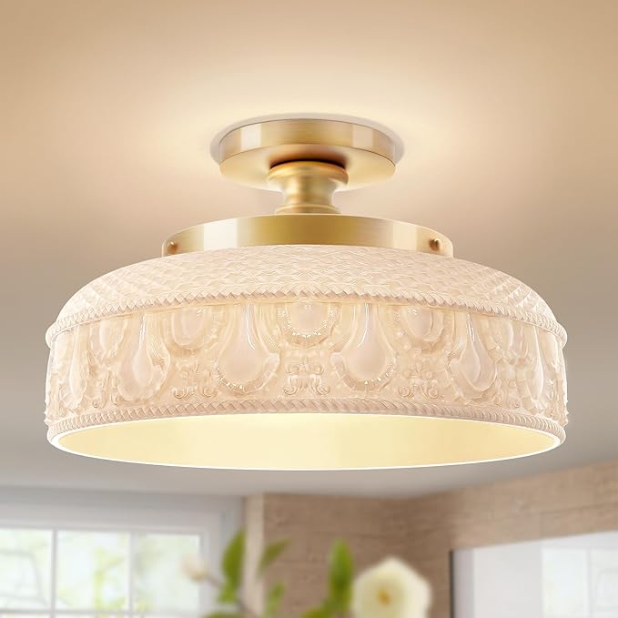 Lamomo Semi Flush Mount Ceiling Light,White Glass Shade Gold Hallway Light Fixture,3-Bulb Globe Glass Close to Ceiling Scone,Indoor Hanging Light for Bedroom Kitchen Porch Hallway,Bulbs Not Included