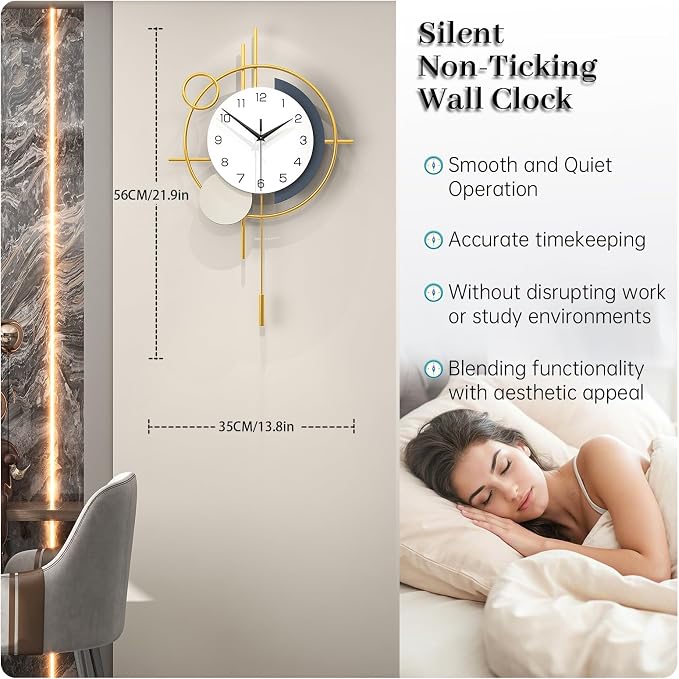 Wall Clock Decorative Large Modern Wall Clock Silent Non-Ticking Battery Operated Gold Unique Pendulum Clock for Living Room,Bedroom,Office,Kitchen,Bathroom,Wall Decor 13.8x21.9in