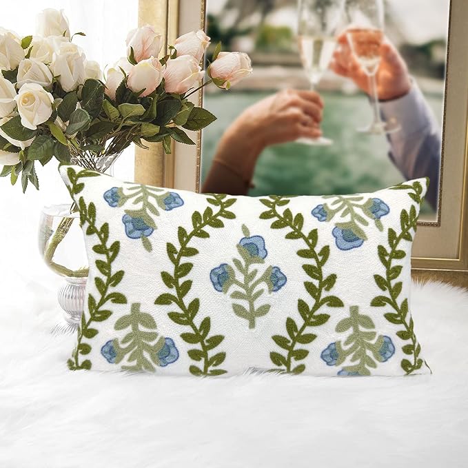 Alysheer Summer Floral Embroidered Decorative Throw Pillow Cover 12"x 20", Farmhouse Blue Flowers Green Leaves Patterned Cotton Canvas Lumbar Cushion Case for Sofa Couch Living Room Cottage Decor