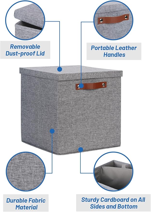 Temary Fabric Storage Bins with Lids 13 Inch Storage Cubes with Lid, Decorative Foldable Storage Boxes for Clothes, Closet Organizers (Grey, 13x13x13inch)