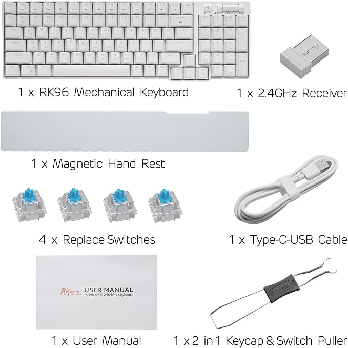 RK ROYAL KLUDGE RK96 Wireless Mechanical Keyboard with Magnetic Wrist Rest | 96 Keys Hot Swappable Wireless Gaming Keyboard with Software, Triple Mode BT5.0/2.4G/USB-C, Blue Backlight, Custom Switch