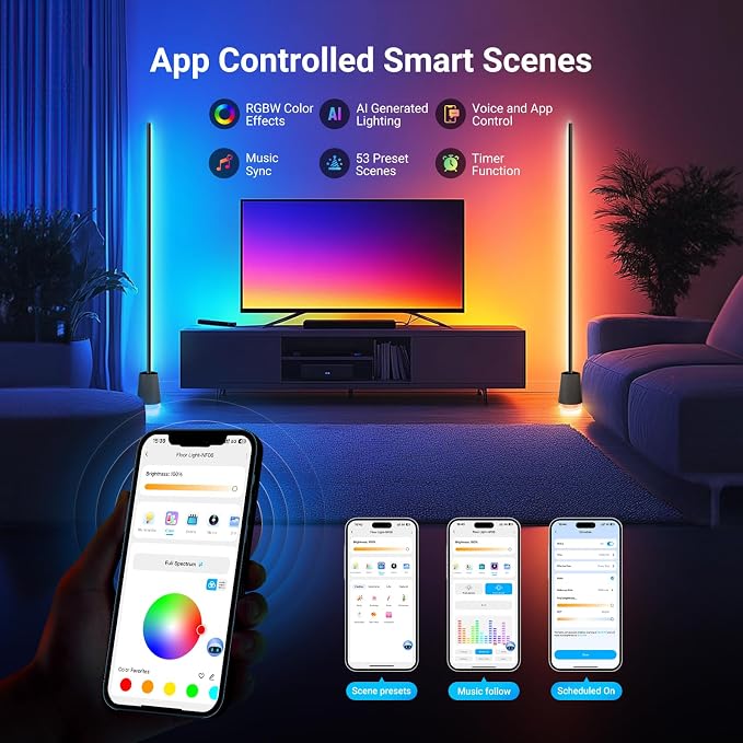 NEEWER NF06 RGB IC CW Smart Floor Lamp, 1500lm LED Standing Corner Light, APP/AI Design/Music Sync, 16 Million Color Ambient Lighting Compatible with Google and Alexa, Living Room Bedroom Home Decor