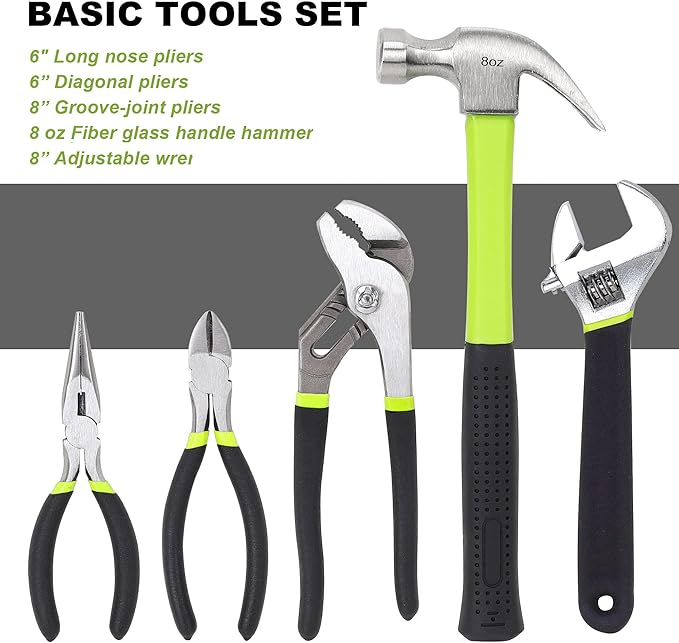 FASTPRO 236-Piece Home Repairing Tool Set, Mechanics Hand Tool Kit with 12-Inch Wide Mouth Open Storage Bag, Household Tool Set for DIY, Home Maintenance, Green