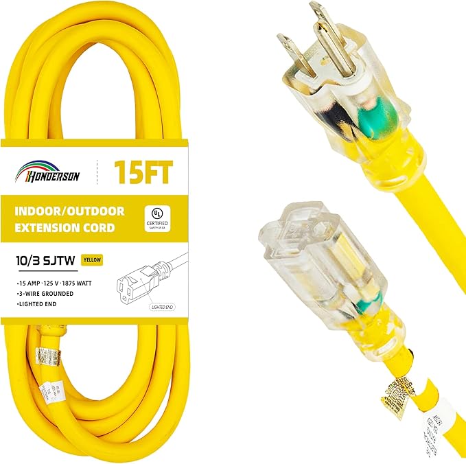 Indoor Outdoor Extension Cord Weatherproof with Lighted End, UL Listed, 10 Gauge 15FT Yellow 3 Prong Heavy Duty, 10/3 SJTW 15A Power Cord for Outdoor Lights, Lawn