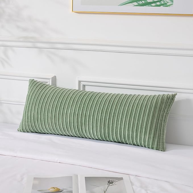 UGASA 14x36 Inch Pillow Cover Pack of 1 Soft Boho Stripe Corduroy Large Long Rectangular Lumbar Cushion Cover Farmhouse Decorative Throw Pillowcase for Bed Couch Sofa Bedroom Living Room Sage Green