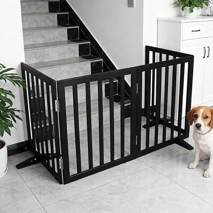 Dog Gate Indoor, Freestanding Dog Fence for The House, Doorways, Hallways,or Stairs,Pet Gate Foldable Wooden,Expandable 24" Height 3 Panels,Black