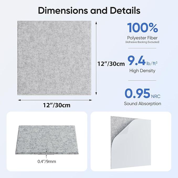 12 Pack 12" X 12" X 0.4" Acoustic Panels for Wall Sound Absorbing,Square Self-Adhesive Sound Panels, High Density Suitable for Multiple Scenarios(Silver Gray)