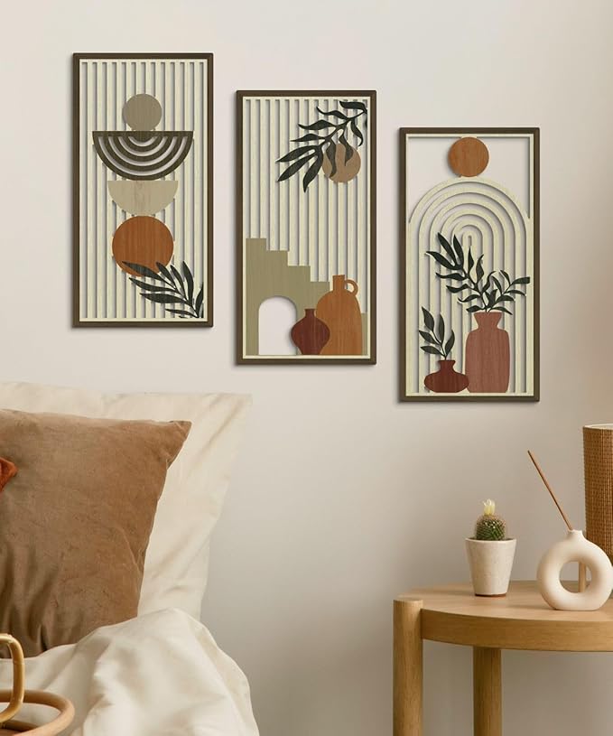 Putuo Decor Boho Wall Art Set of 3, Abstract Geometric Wooden Wall Decor, Mid-Century Modern Aesthetic Artwork with Arch, Vase & Botanical Design for Living Room, Bedroom, Office, 16.5 x 8.6 Inch