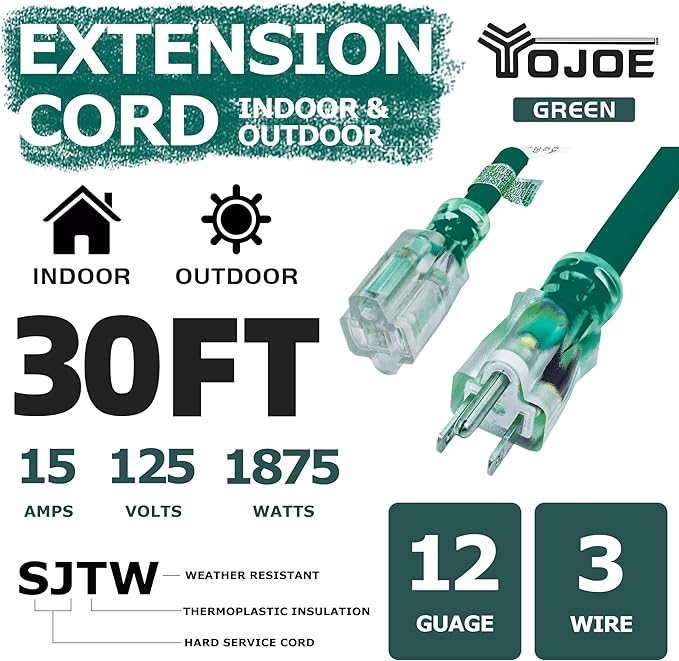 YOJOE Indoor Outdoor Extension Cord with Lighted End, 3 Prong 15A Weatherproof Power Cord, 12 Gauge Heavy Duty 30 ft Green Extension Cord for Garage, Garden and Home, 12/3 SJTW UL Listed
