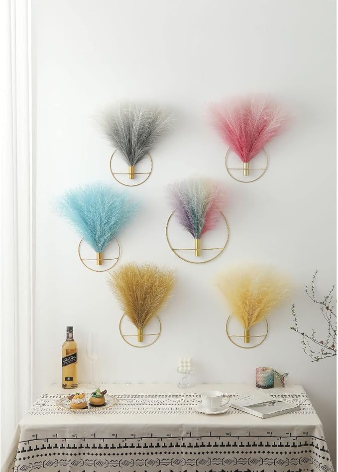 Pretty Jolly Boho Pampas Wall Decor Gold Metal Wall-Mounted Art | Morden Artificial Greenery Display，2 Pack Gray Hanging Planter For Living Room, Bedroom, Bathroom, Dining room