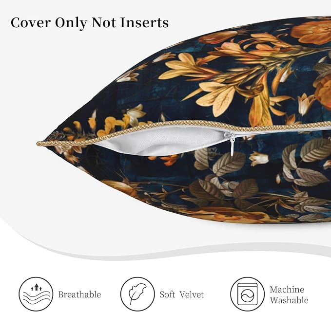 Vintage Floral Velvet Pillow Covers 16x16 Inch Blue Brown Leaf Flowers Throw Pillows for Couch Farmhouse Cushion Covers Pillowcase Butterfly Plant Leaves Pillow Cases for Sofa Bed Outdoor Decor