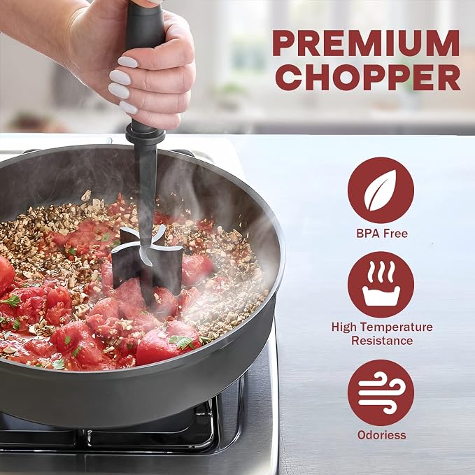 2Pack Meat Chopper Upgrade Hamburger Smasher, Masher for Ground Beef | Heat Resistant, Food-Grade Nylon, for Ground Turkey/Chicken and More, Non Stick Mix Grinder, Dishwasher Safe, Black