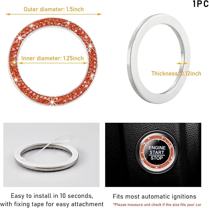 Kewucn Bling Crystal Double Rhinestone Car Engine Start Decoration Ring, Sparkling Push Start Button Sticker, Key Ignition & Knob Ring Decoration, Bling Car Interior Accessory (Orange)