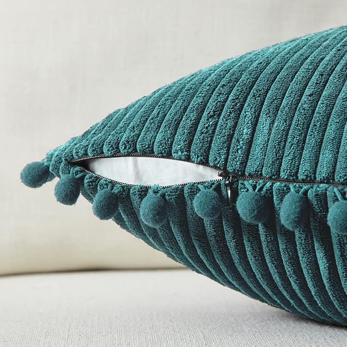 Fancy Homi Pack of 2 Teal Decorative Throw Pillow Covers 12x20 Inch with Pom-poms for Living Room Couch Sofa Bedroom, Soft Corduroy Solid Lumbar Cushion Case 30x50 cm, Rustic Farmhouse Home Decor
