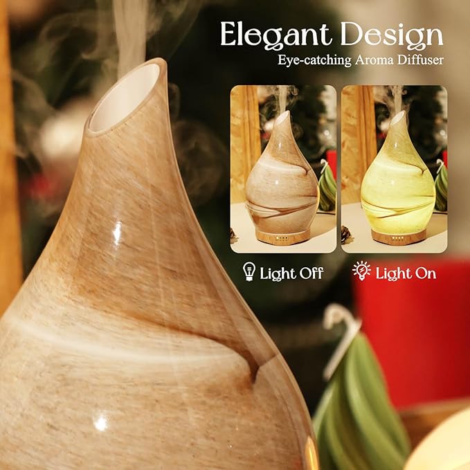Porseme 280ml Essential Oil Diffuser Glass Color Changing Aroma Air Diffusers Aromatherapy Ultrasonic Cool Mist Humidifier 7 Running Hours Waterless Auto-Off for Sleeping, Yoga, Office, Spa (Desert)