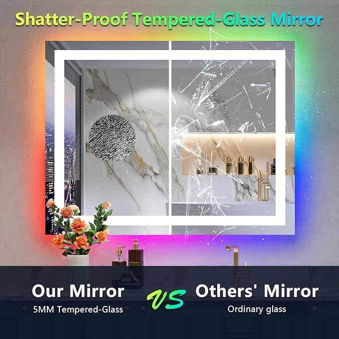 36x30 Inch RGB LED Bathroom Mirror Front Light and RGB Backlit Lighted Vanity Mirror for Bathroom Wall Mounted Dimmable Anti Fog Memory Shatter-Proof IP54 Waterproof Horizontal/Vertical